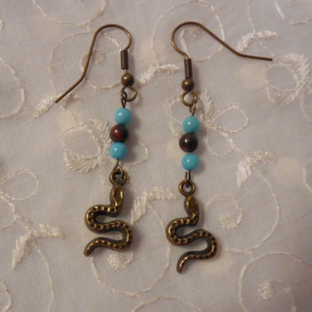 Snake Dangle Pierced Earrings w Jasper Beads